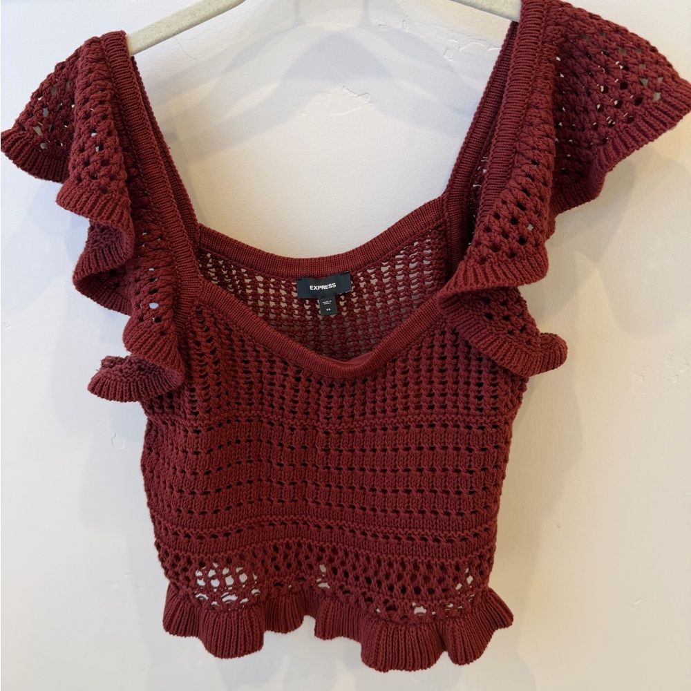 Express Burgundy Crochet Ruffle Crop Top
